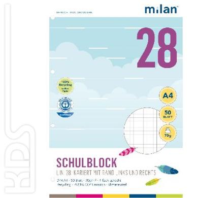 Schulblock A4 kariert (Lineatur 28), Milan, 50 Blatt, 70g/m²