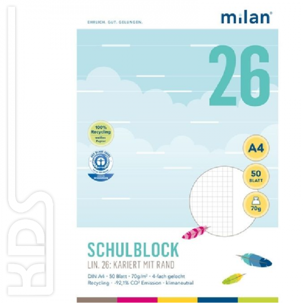 Schulblock A4 kariert (Lineatur 26), Milan, 50 Blatt, 70g/m²
